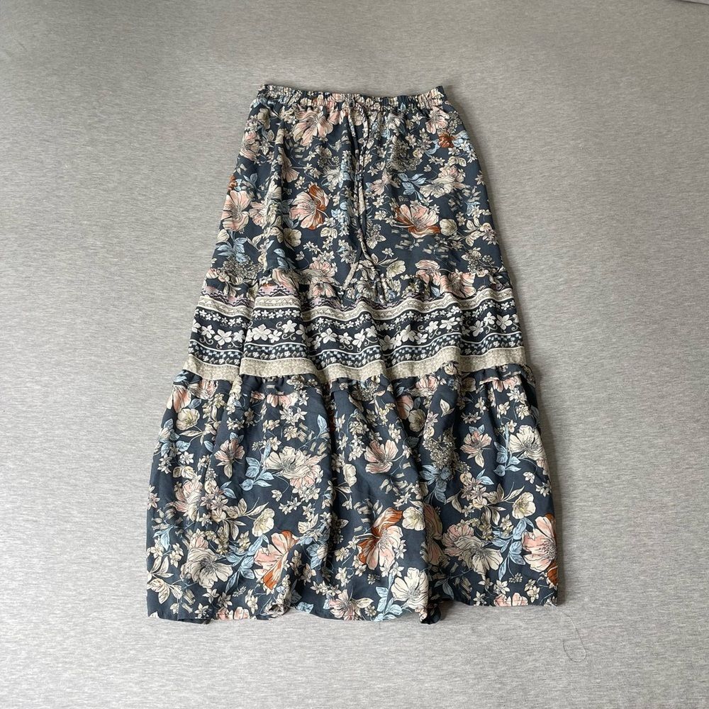 Sienna Sky Junior’s Floral Print Tiered Ruffle Trim Bohemian Maxi Skirt
